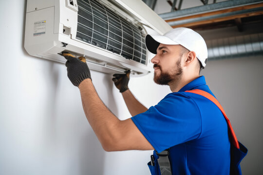 HVAC technician installing a mini split air conditioner in Burlingame