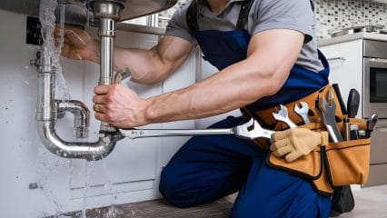 Plumber repairing pipes beneath a sink in Burlingame
